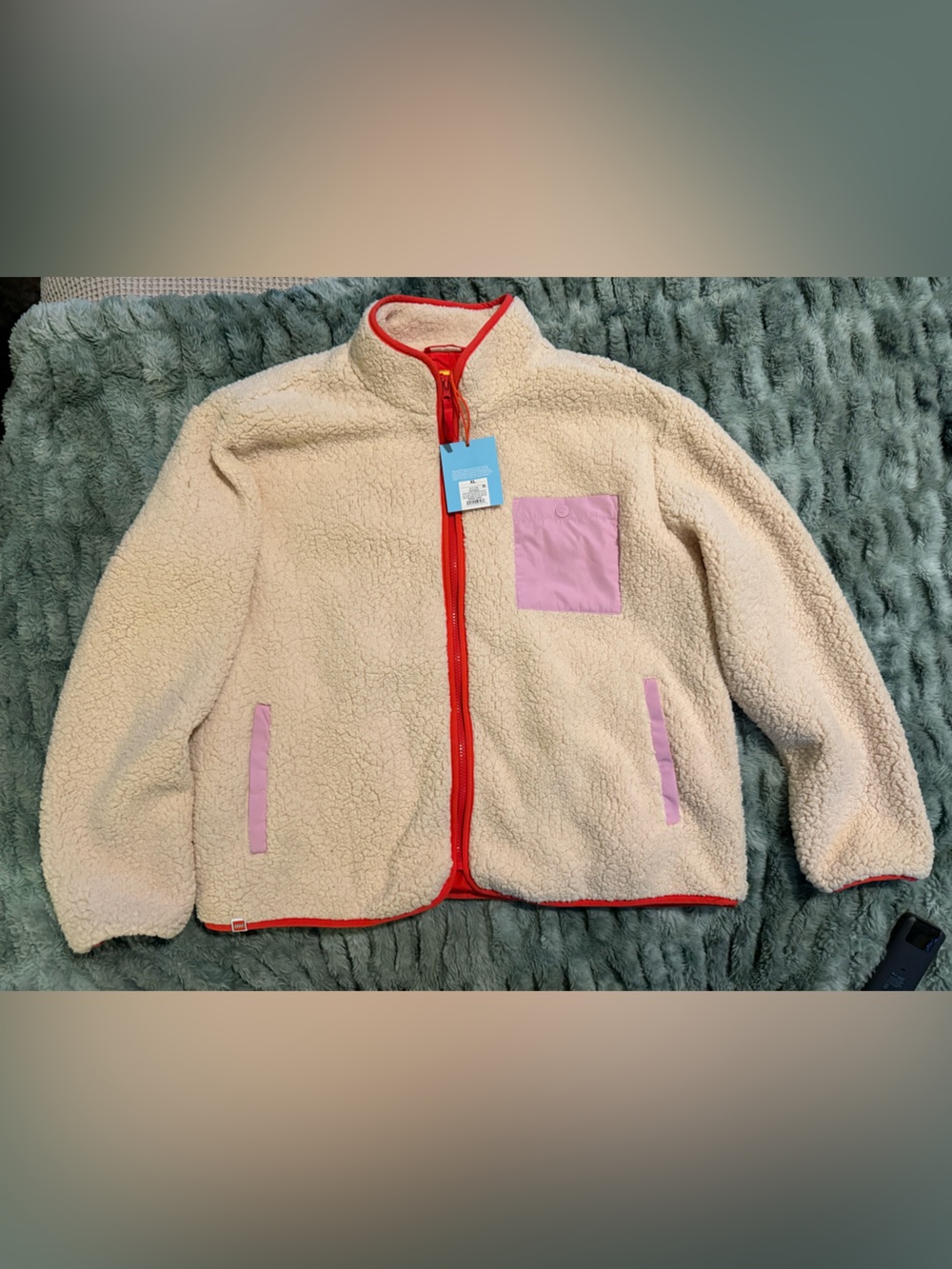Target Cream Sherpa Jacket with Pink Pockets and Red Trim